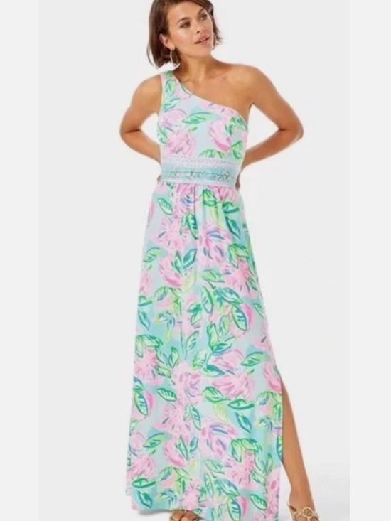 Lilly Pulitzer Dresses & Skirts - Lilly Pulitzer Pastel Pink & Mint Floral One-Shoulder Maxi Dress